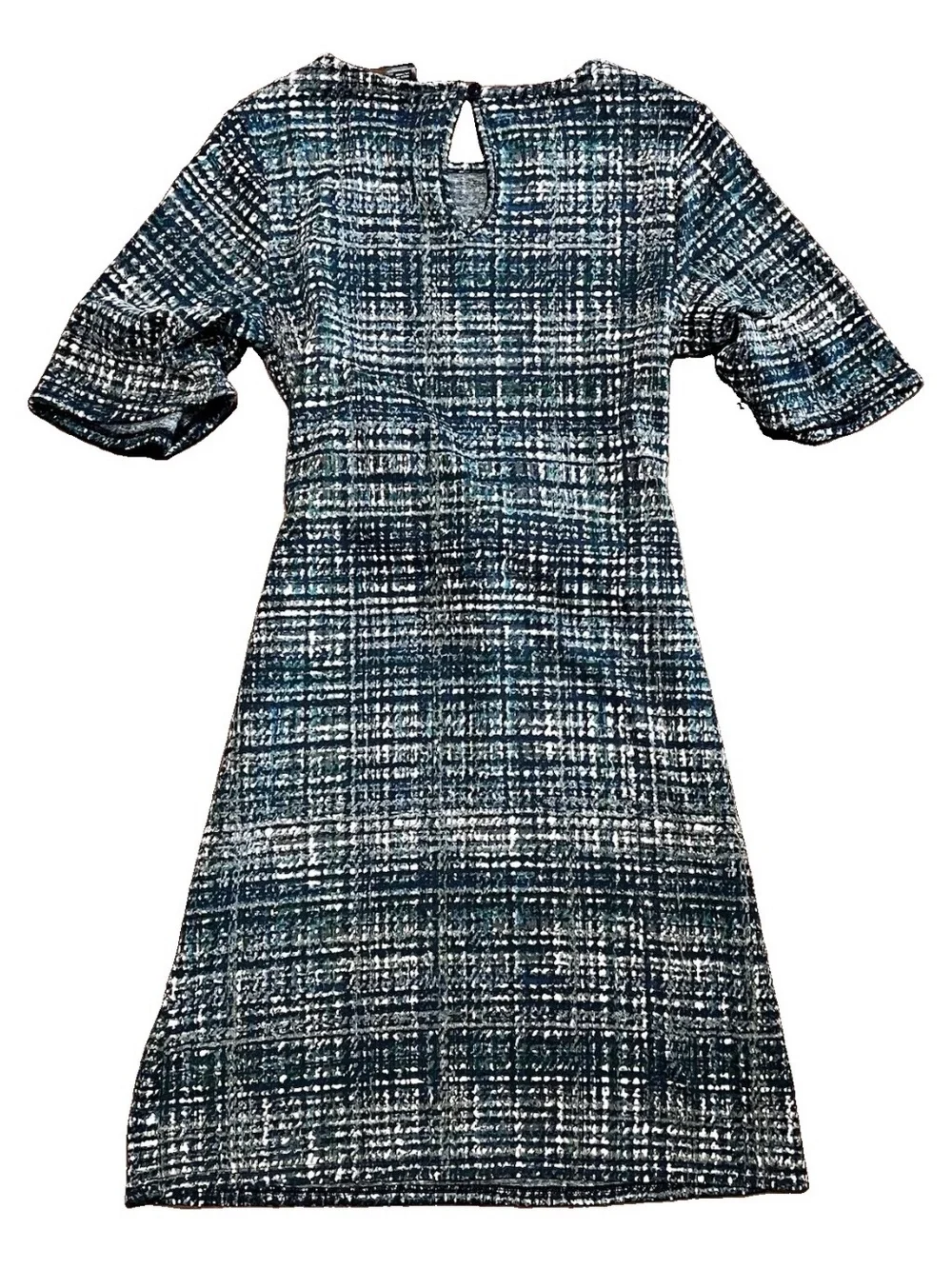 EnFocus Studio Gray, Navy, White Textured Knit Stretch Sheath Dress Tie Front